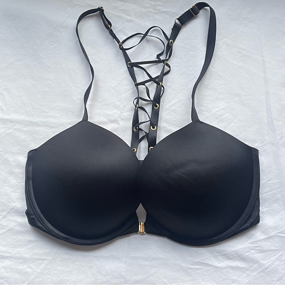 Victoria's Secret 34DD Very Sexy Push Up Bra Black Front Close Laceup Racerback